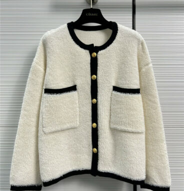 celine color-block trim two-pocket sheer cashmere curly coat