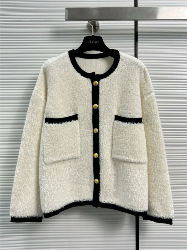 celine color-block trim two-pocket sheer cashmere curly coat