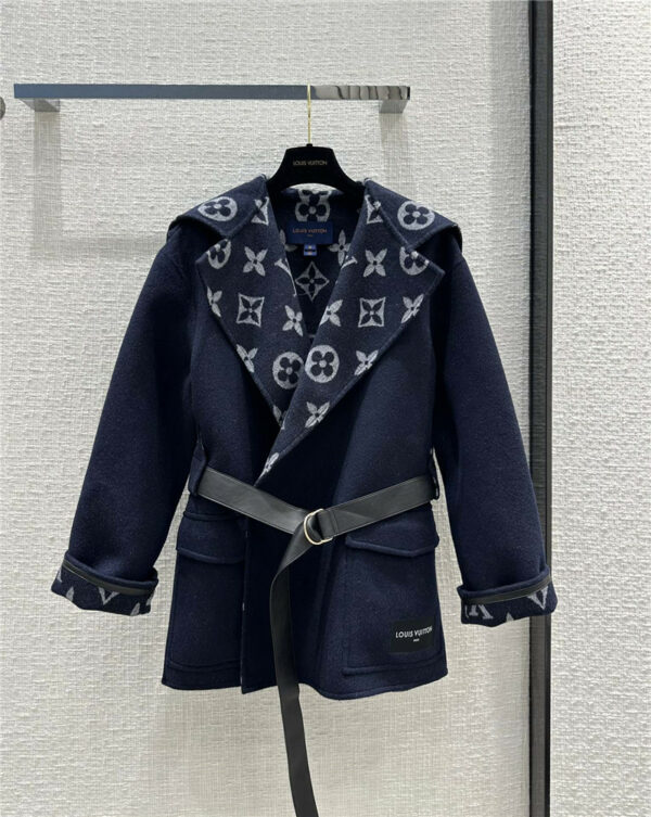 louis vuitton LV navy style shawl collar wrap cropped coat