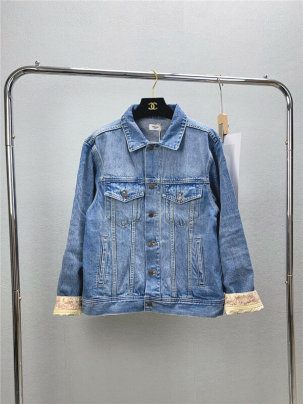 celine washed vintage sleeve printed lapel denim jacket