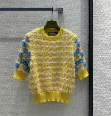 gucci blue GG intarsia yellow knitted top