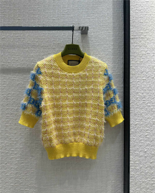 gucci blue GG intarsia yellow knitted top