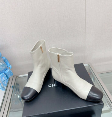 chanel chunky heel stitching ankle boots