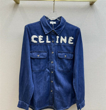 celine denim shirt with three-dimensional letter logo on the chest