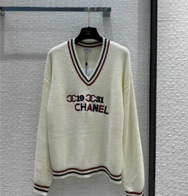Chanel letter logo embroidery V-neck knitted sweater