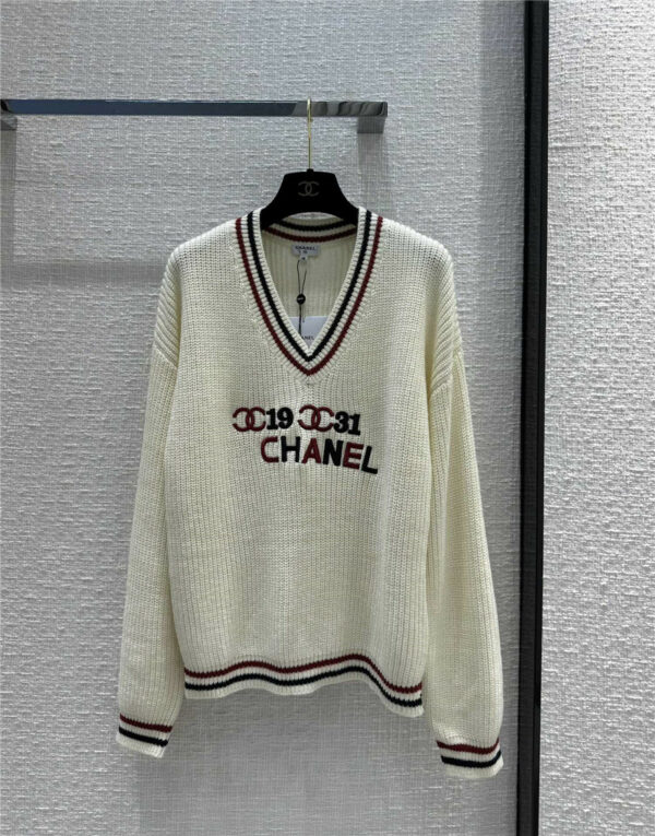 Chanel letter logo embroidery V-neck knitted sweater