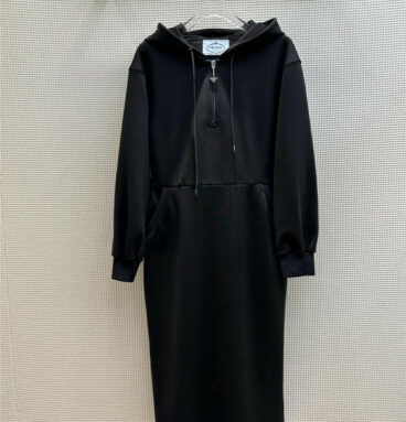 prada triangle zip trim hooded black dress