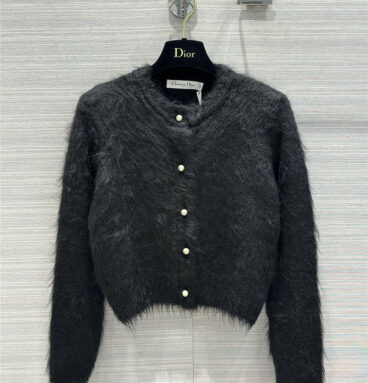 dior black mohair cardigan with pearl buckle