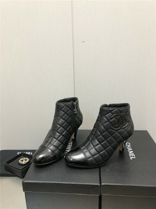 chanel c standard round toe chunky heel ankle boots