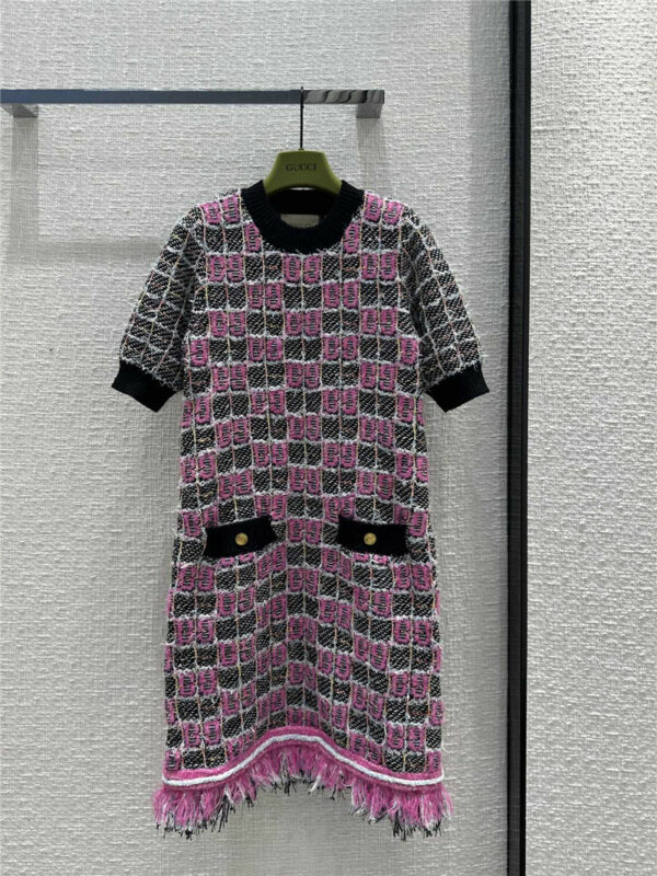 Gucci Barbie pink GG Marmont jacquard plaid knitted dress