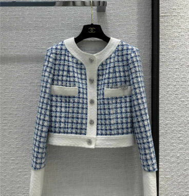 chanel blue and white woven plaid tweed jacket