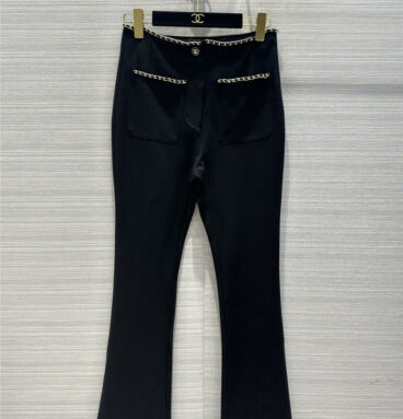 chanel metal chain black thin leg pants