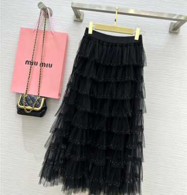 miumiu elastic waist cake style mesh skirt