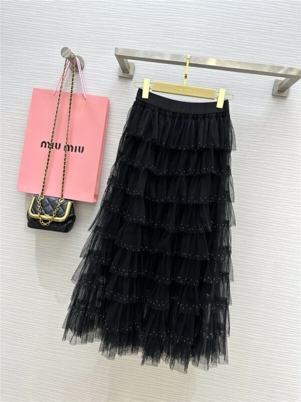 miumiu elastic waist cake style mesh skirt