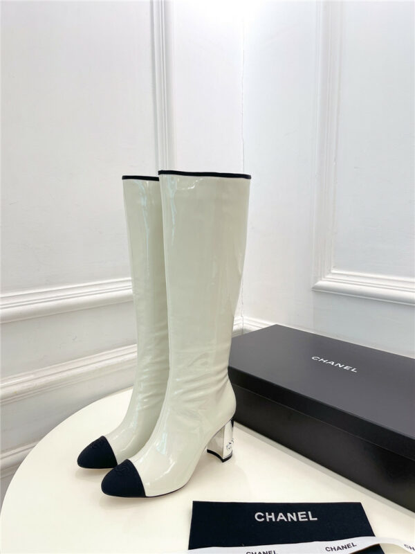chanel classic patent leather high heel boots