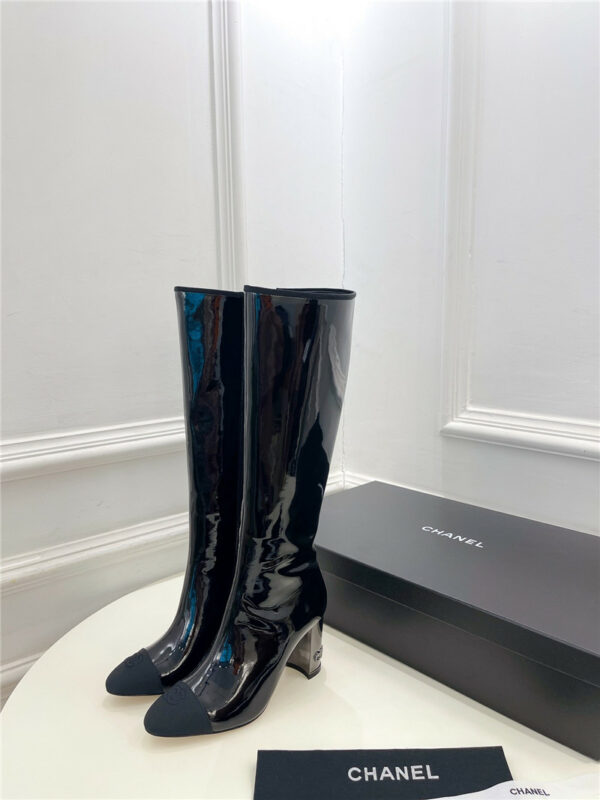 chanel classic patent leather high heel boots