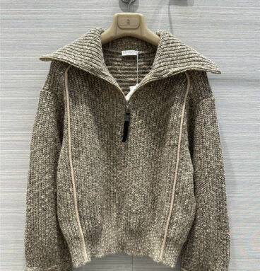 Brunello Cucinelli tweed lapel half-zip sweater