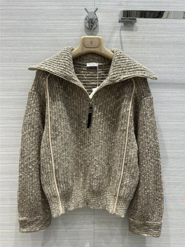 Brunello Cucinelli tweed lapel half-zip sweater