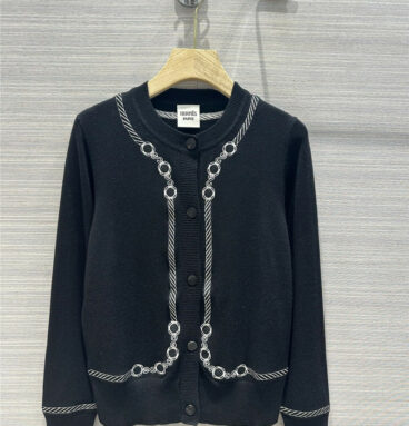 Hermès new chain-knot embroidered wool knitted cardigan