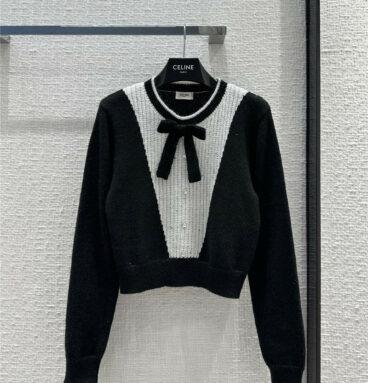 celine black and white round neck bow embellished sweater