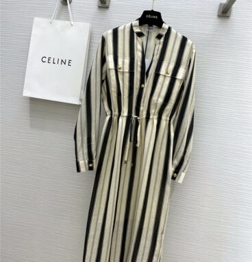 celine vertical striped drawstring waist long dress
