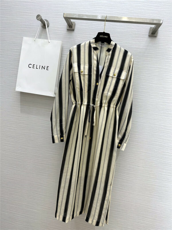 celine vertical striped drawstring waist long dress