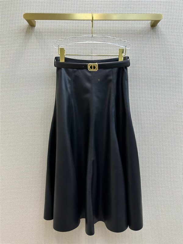 dior belted pleated PU leather skirt
