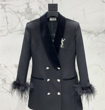 YSL retro style green collar ostrich sleeve wool suit