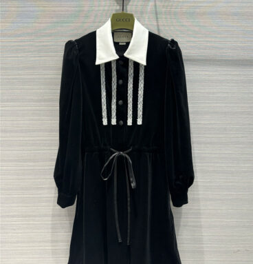gucci contrasting small lapel imported black velvet dress