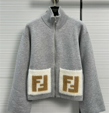 fendi contrasting double F mink velvet pocket zipper jacket