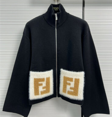 fendi contrasting double F mink velvet pocket zipper jacket