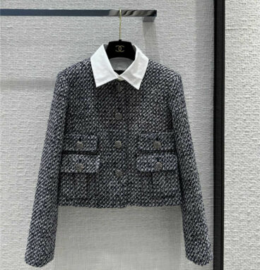 chanel blue and white dotted tweed jacket