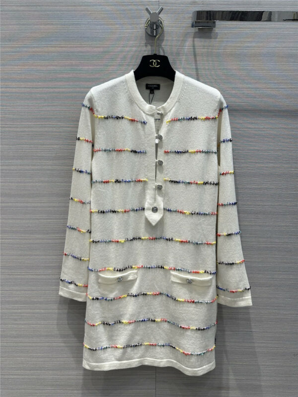 chanel colorful gauze intarsia striped long-sleeved dress