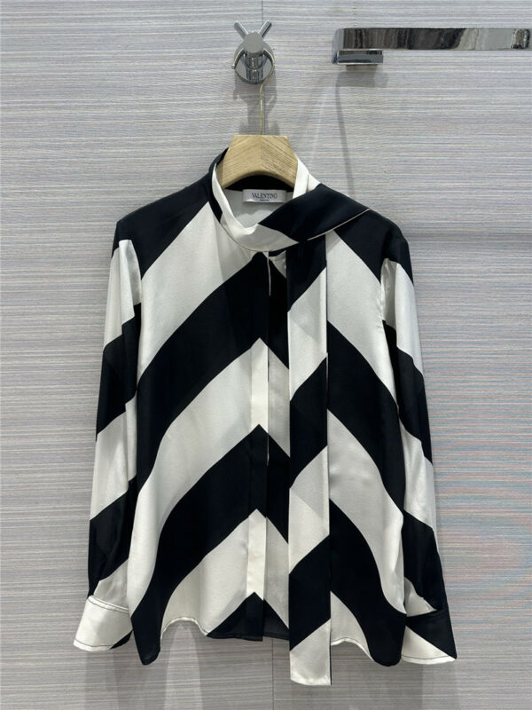 valentino black and white V-striped silk off-shoulder shirt
