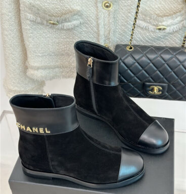 chanel logo CC buckle thick heel short boots