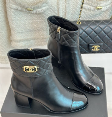 chanel logo CC buckle thick heel short boots