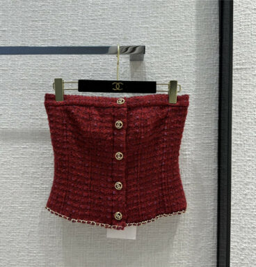 chanel berry red short gold buttoned tube top