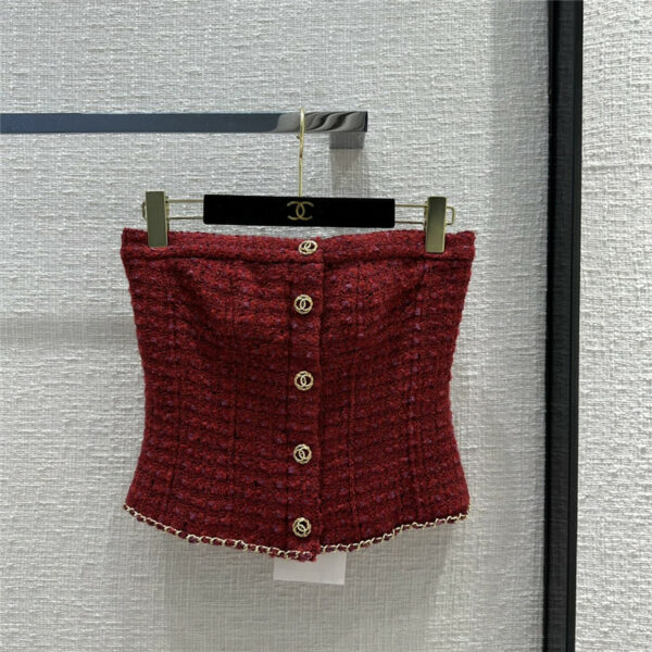 chanel berry red short gold buttoned tube top