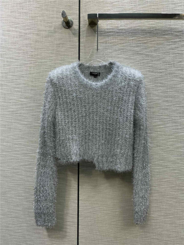 chanel round neck silver thread knitted long-sleeved sweater