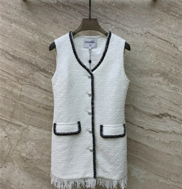 chanel new white slub fringed vest dress