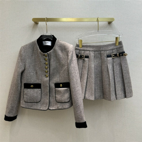 celine stand collar short coat + pleated skirt suit