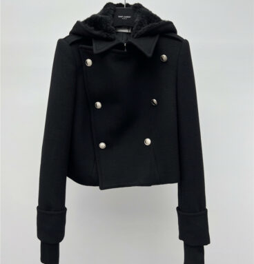 YSL short hooded wool coat