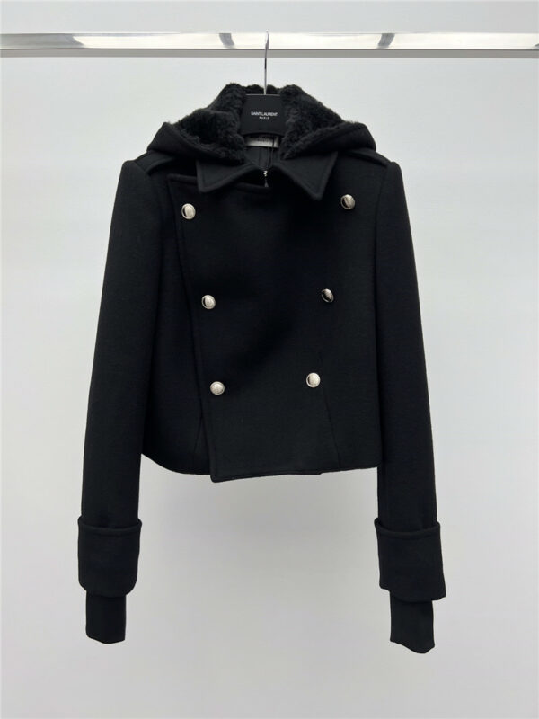 YSL short hooded wool coat