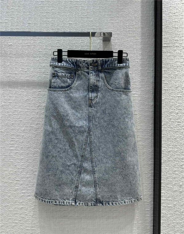 louis vuitton LV new leather label washed denim midi skirt