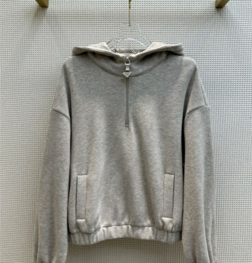 prada triangle half-zip hooded velvet sweatshirt