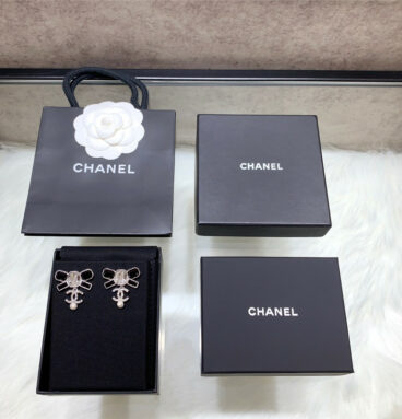chanel bow hanging double c beads earrings