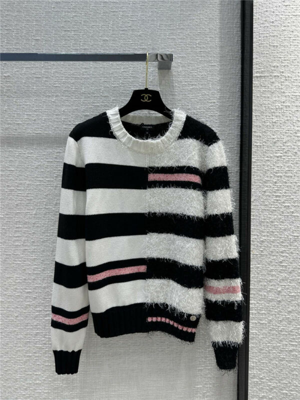 chanel raw edge patchwork striped crew neck sweater