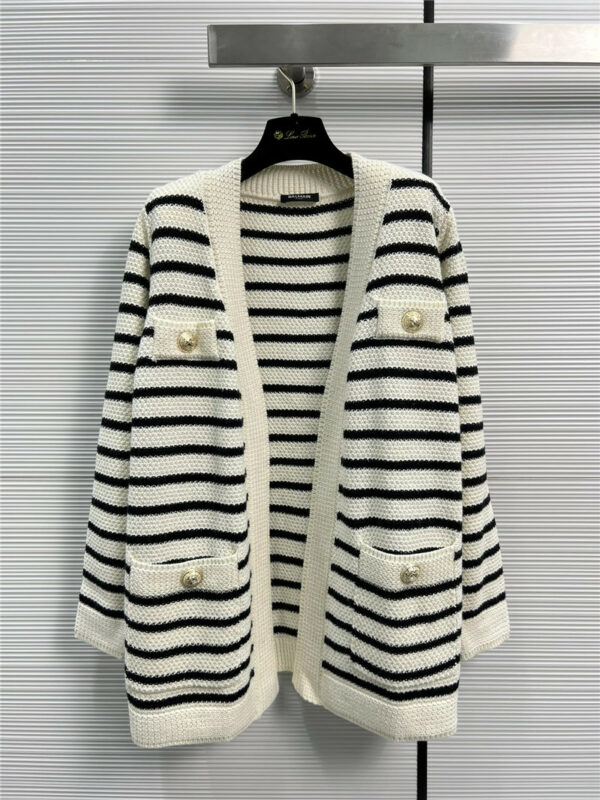 Balmain navy color striped open chest long coat