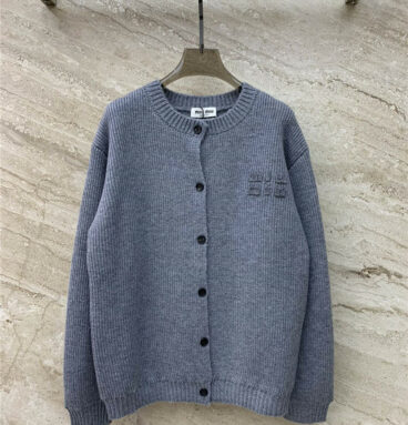 miumiu gray thick wool knitted crew neck cardigan