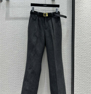YSL gray vertical striped straight trousers